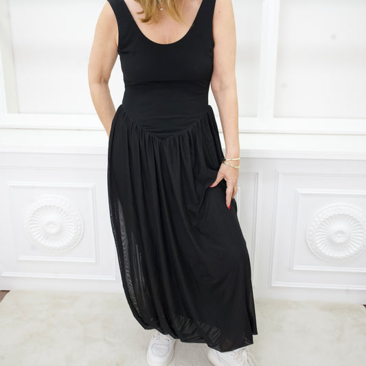 Schwarzes Ballonkleid mit fließendem Rock Darina
